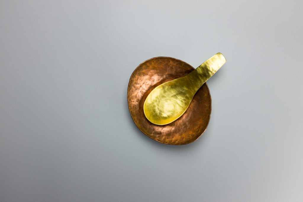 Brass Noodle Spoon in Copper Bowl