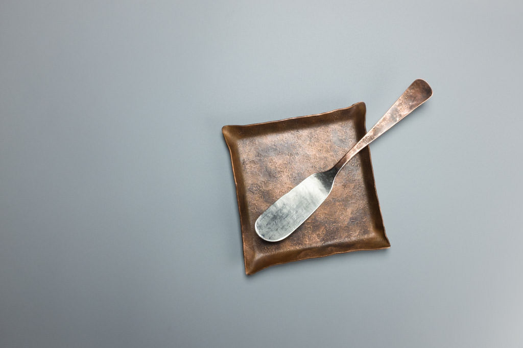 Copper Patina Plate with Tinned Copper Knife